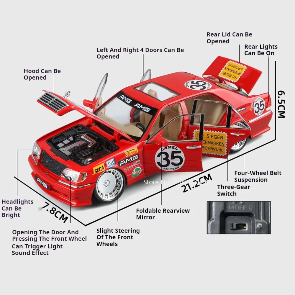 1/24 Scale W140 300SEL Models Cars Alloy Diecast Toys Wheel Pull Back Car Model with Light Music Vehicles Toy Kids Festival Gift