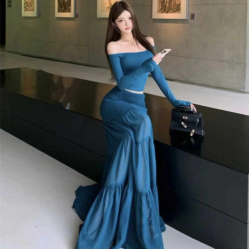 Damen Schlankes Langes Kleid Blaues Wickelkleid mit Rüschen Elegantes Tüll-Kleid Schlichtes Strandkleid für Urlaub Top & Langer Rock Set