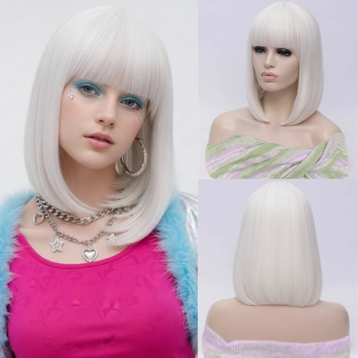 Short White Straight Wig With Bangs Synthetic Bob Wigs For Women Daily Cosplay Party Heat Resistant Fiber