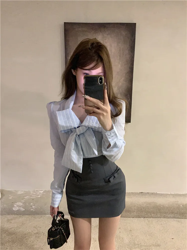 New Fall Fashion Women Two Pieces Sets Striped Blue Bow Shirt&High Waist Pencil Mini Skirt Y2k Hotsweet Girl 2 Piece Skirt Suits