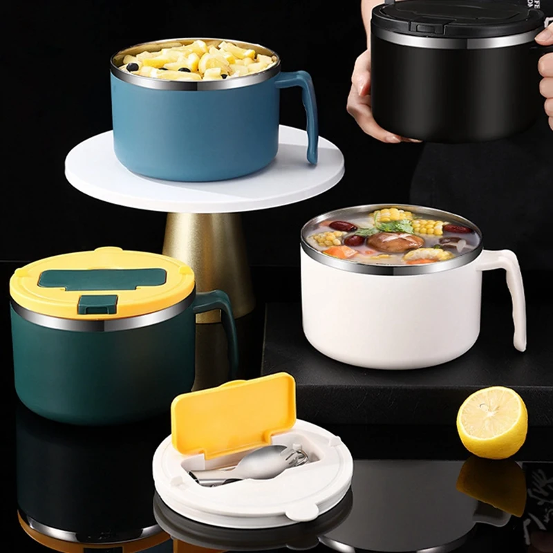 Filles à Ramen Instantané en Acier Inoxydable avec Couvercle Filtrable, Rine, 1200ml