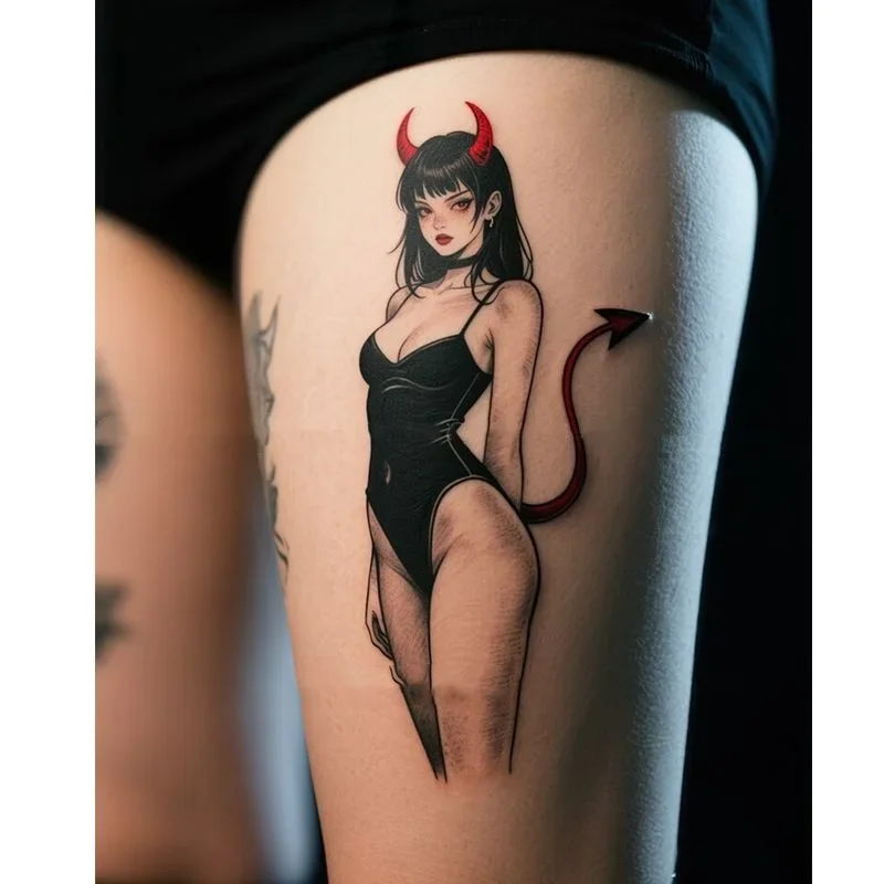

Cartoon Demon Devil Girl Temporary Tattoos Lifelike Body Art Waterproof Long-Lasting Fake Tattoo Sticker for Women Men