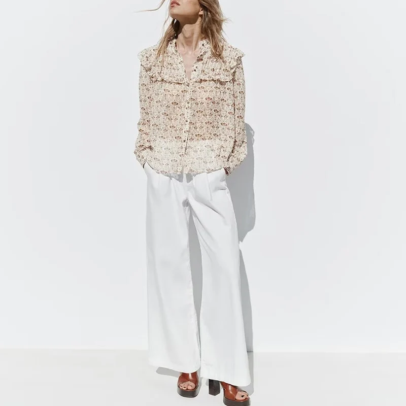 Primavera 2025 Donna Sle Long Sve Stampato Chiffon irt Colletto alla coreana Casual Loose Fit Fibra di poliestere 00% Nuovo arrivo