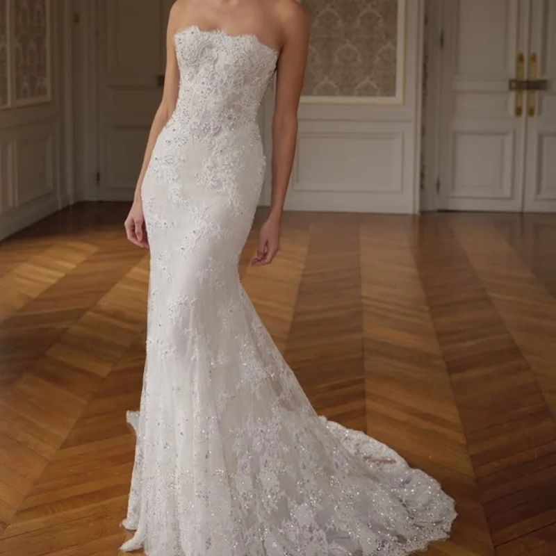 

Customized ivory white Spaghetti Straps Lace Appliques Wedding Dresses Long sleeves Bridal Gowns Made Dress