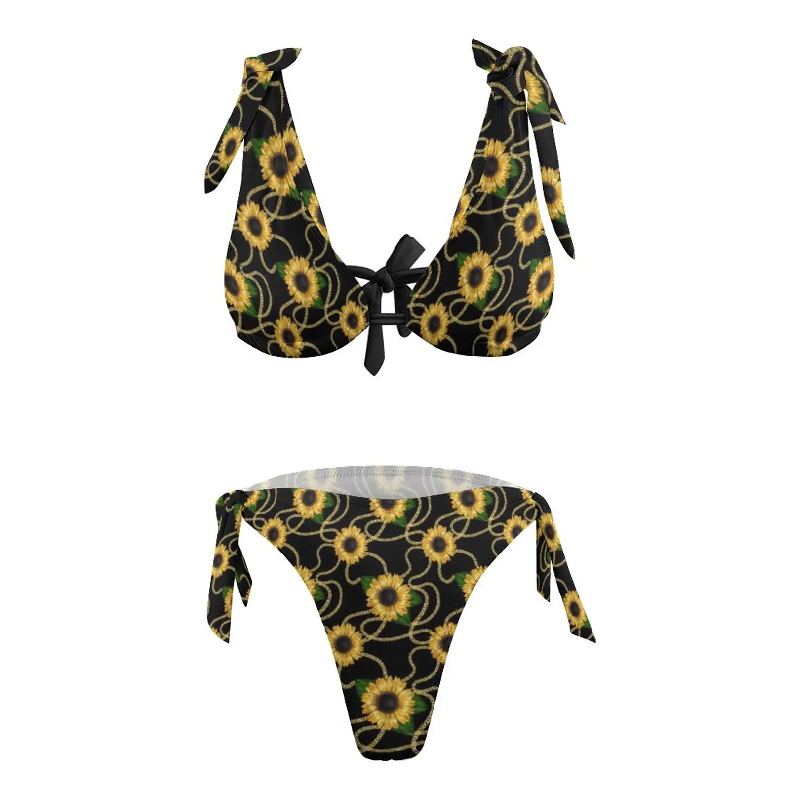 Sexy Gold Chain Sunflower Bikinis Set Classy Yellow Sunflowers Novelty Bikini Swimsuit Push Up Bondeau Swimwear Print Swimsuits