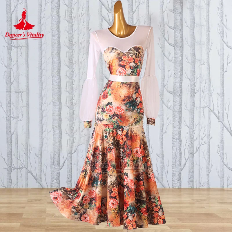 Social Dance Lantern Sleeves Printing Big Swing Dress Dancer's Vitality Women Adult Waltz Foxtrot Art Examination Clothes Custom