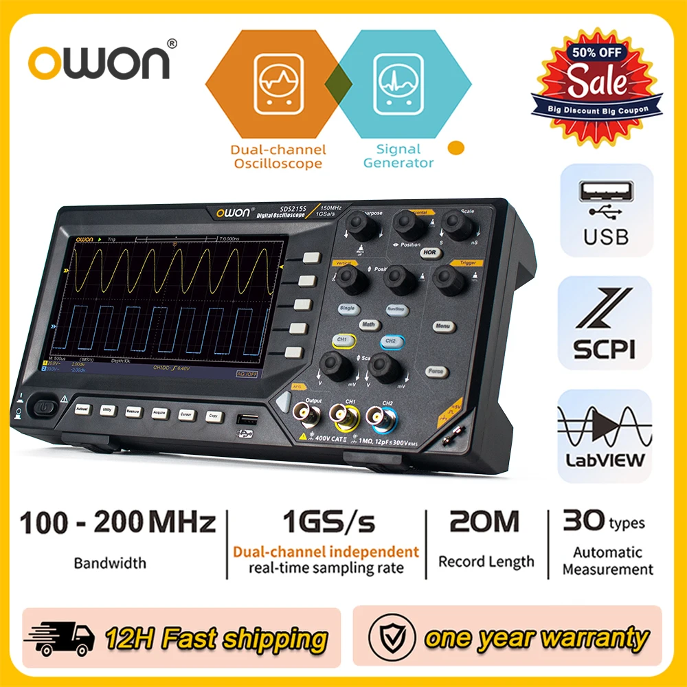 Owon Digital Oscilloscope SDS215 150Mhz 2CH 1GS/s 20M FFT+ SDS215S 25MHz 14Bit 125MSa/s Signal Generator Usb Oscilloscope