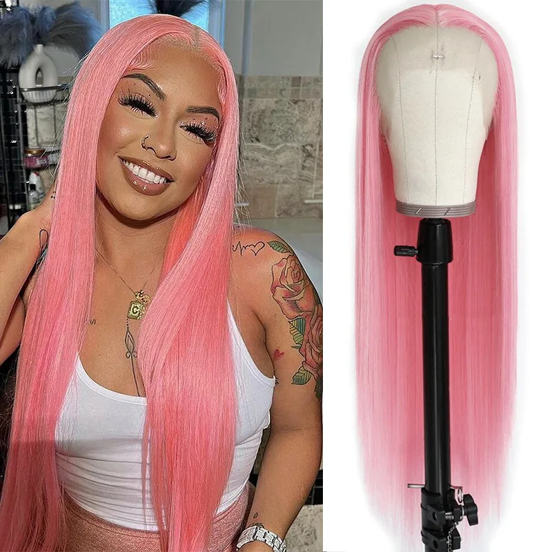 Front Lace Pink Long Straight Hair Chemical Fiber Head Cover Pink lace wigs