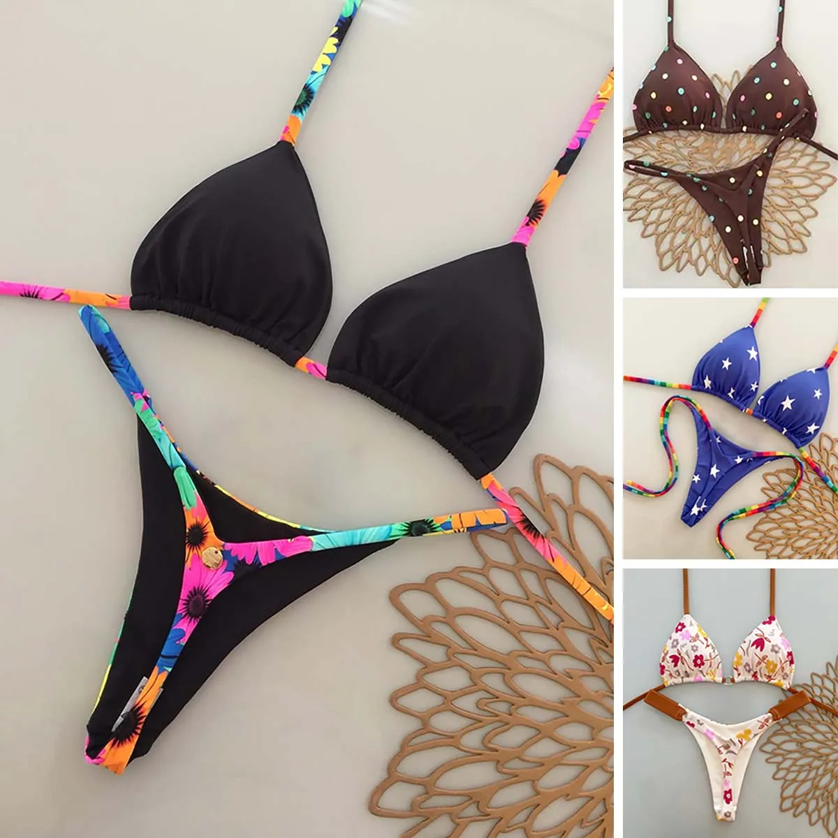 

Sexy Triangle Push Up Brazilian Bikini Beaded Pendant Swimsuit String Bikinis Women Swimwear Printed Beach Bathing Suit Biquini