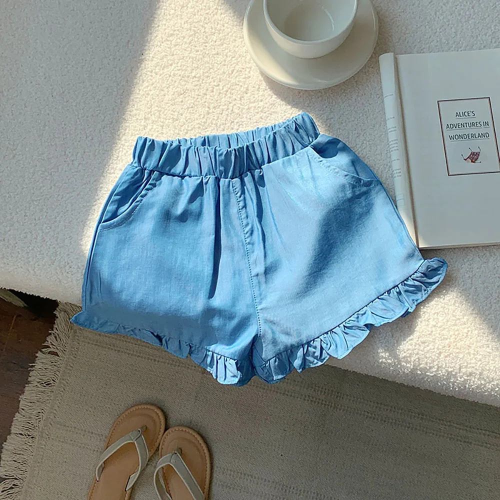 الفتيات طفل الصيف رقيقة الدنيم السراويل 2025 الكشكشة مرونة الخصر سراويل قصيرة غير رسمية الاطفال الأزرق السراويل الساخنة ملابس الأطفال السراويل #5