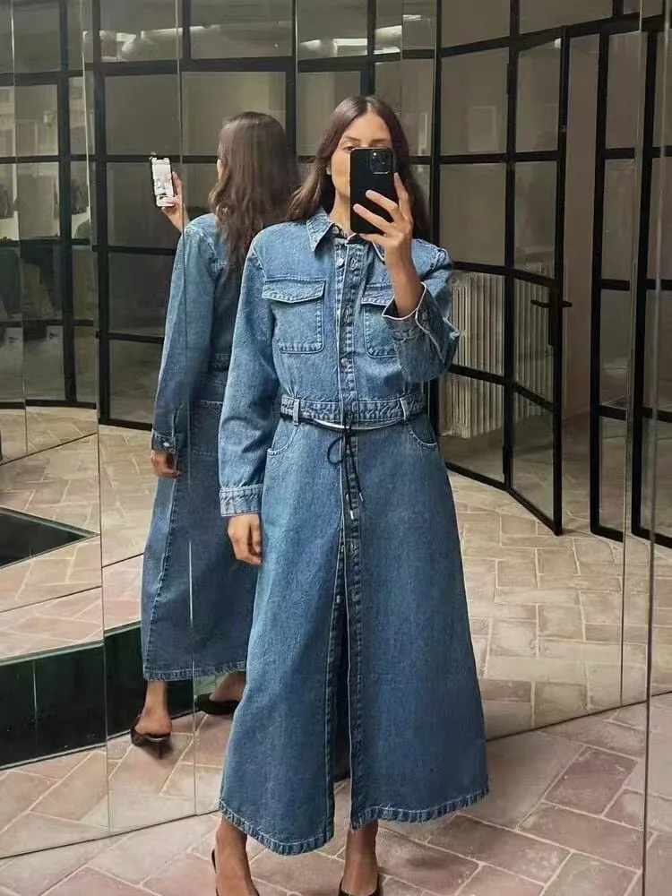 

Women's Fashion Casual Denim Midi Dress Traf Womens Dresses Long Dresses With Sleeves Dresses For Formal Occasions