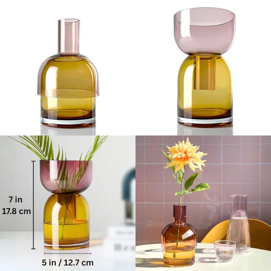 

Large Reversible Glass Flower Vase and Bud Vase, Yellow and Pink, 9.5" Height x 5.6" Dia, Home, Wedding, and Event Decor