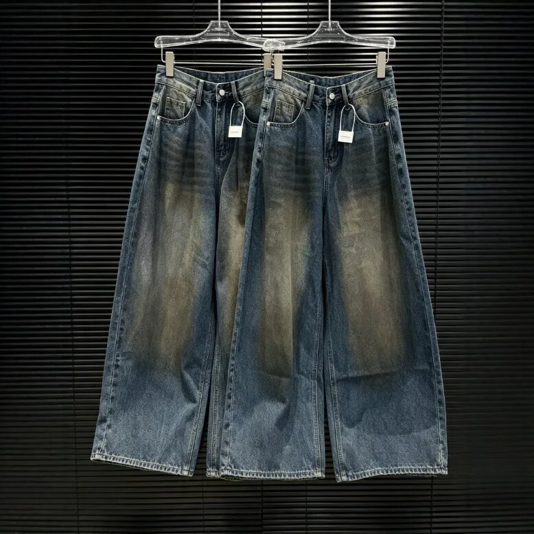 Wide Leg Washed Finish Jeans Mid Rise Streetwear with Regular Thickness Faded No Stretch Full Length Distressed Women Jeans