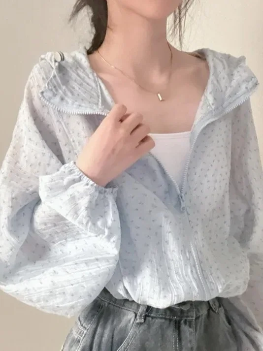

Korean Sle Dstring Hooded Thin Sun Protection irt Women's Fre Design Long Sve Top Bubble Sve Loose Fit Summer