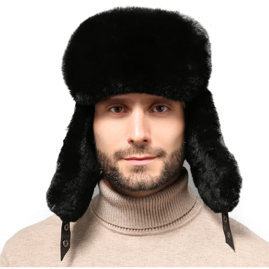 

Bomber Hat Men WOmen Thick Warm Russian Ushanka Rex Rabbit Fur Hat Fashion Male Female Winter Sheepskin Earflap Ski Russian Cap