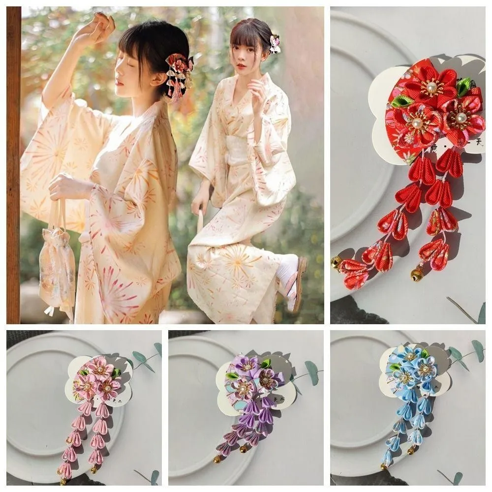 Japanese Kimono Headwear, Flower Tassels Tassel Fan Hairpin, Sweet Ancient Style Hairpin Hanfu Fan Hair Clip Girl Hair