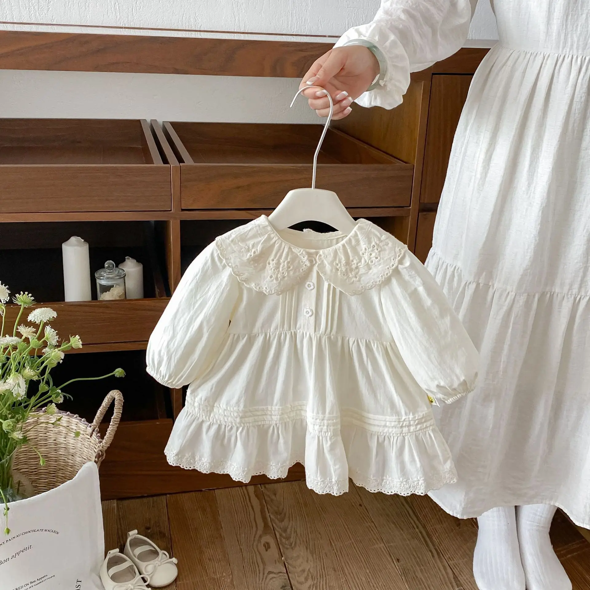2026 Autumn New Girls Princess Dress Solid Children Long Sleeve Casual Dress Baby Girl Sweet Lace Lapel Dress Kids Clothes