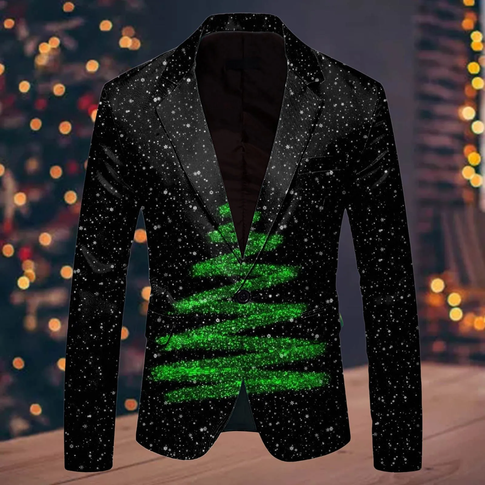 Christmas Tree Snowflake Printed Pocket Suit Coat Men Lapel Single Button Agent Blazer Slim Fit Formal Festive Party Jacket