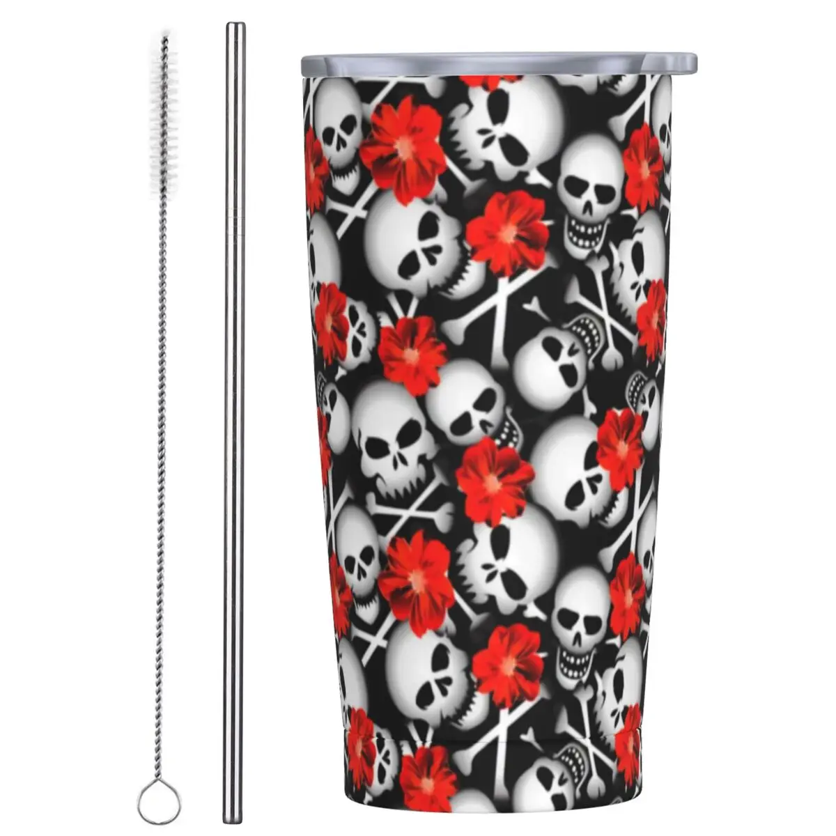 

Stainless Steel Tumbler Sugar Skull Thermal Mug Red Flowers Heat Preservation Cold and Hot Mugs Cup Beach Custom Water Bottle