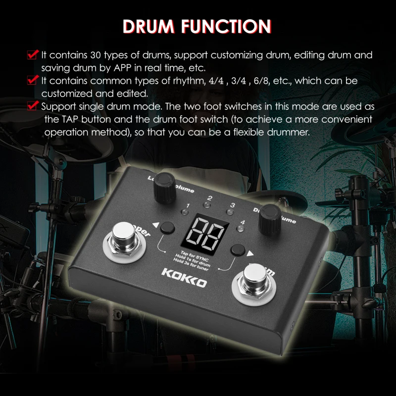 KOKKO FLD-1 Multifunctional Drum Machine & Looper Effect Pedal Digital Tuner BT Page-Turner Phrase Loop Recording Compact Pedal