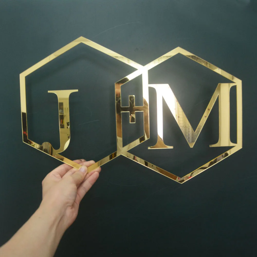 Custom Bride and Groom Geometric Initials Name Sign Wedding Party Decoration Acrylic Mirror Gold Silver Black White Wall Hanging