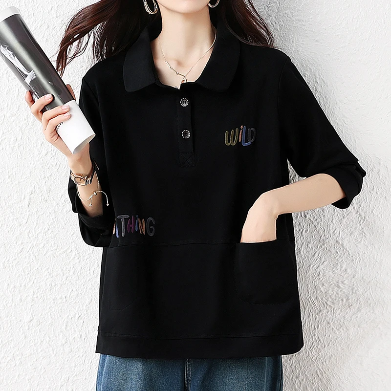 بلوزات نسائية شتوية مطرزة بحروف بلوفرات شتوية فضفاضة غير رسمية بأكمام طويلة وياقة مقلوبة وجيب علوي