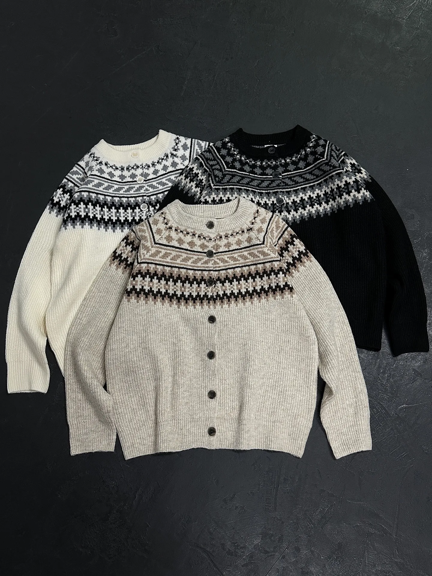 

Autumn Winter American Sle Heavyweight Fair Isle Knitted Sweater Men's Vintage Lazy Loose Casual Open Cardigan Coat