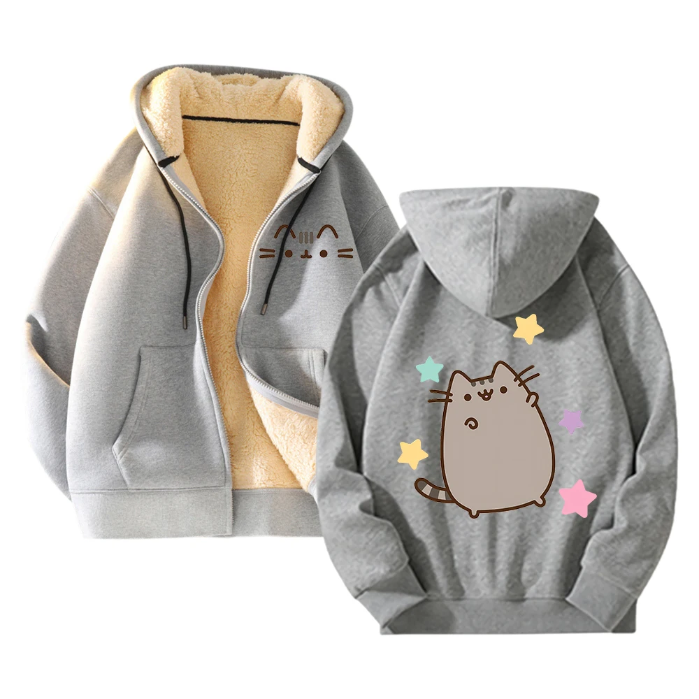 New Trendy Pusheen Cat Cashmere Coat Thickened Cardigan Woman Sweatshirt Zipper Hoodies Cute Anime Clothes Winter Clothing Coats