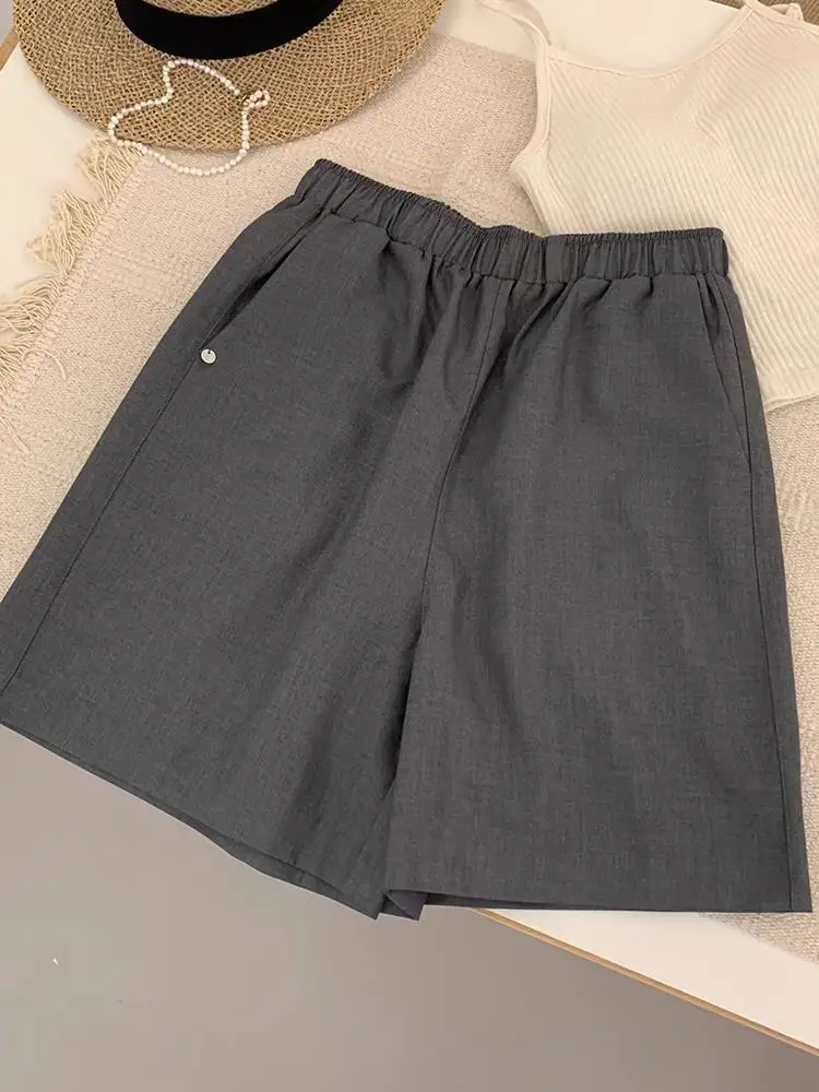 

High Waist Grey Short Pants Women's Elastic Waist Summer Design Wide Leg Five Parts Jeans Casual Straight Leg High Waist