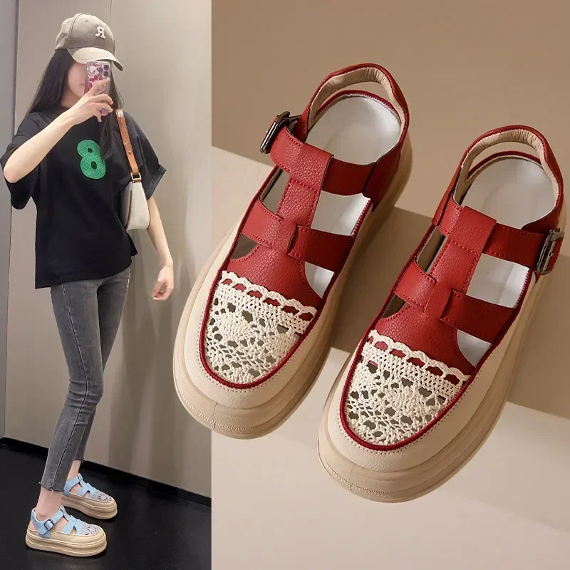 

New Platform Hollow Sandals for Women Korean Version Student Thick Sole Sport Shoes Casual Sandals Zapatillas Mujer 2024