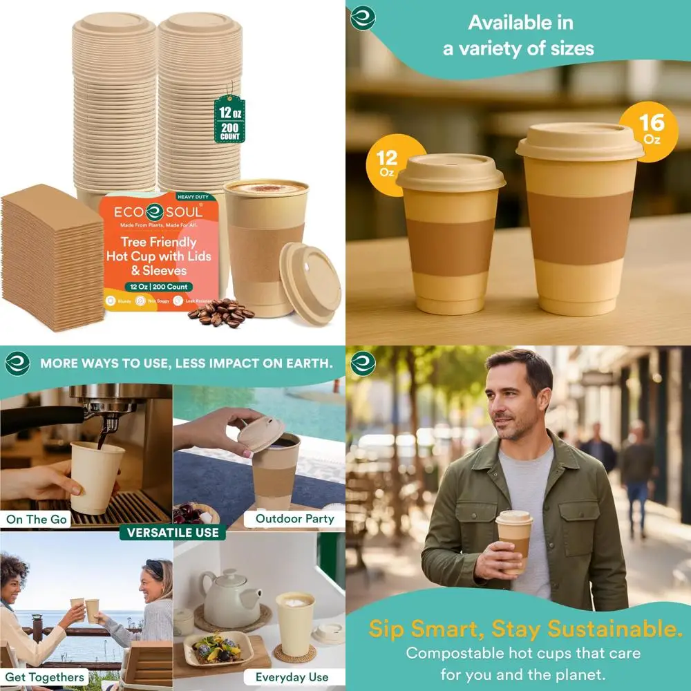 

100% Compostable 12 Oz To-Go Coffee Cups with Lids & Sleeves - Eco-Friendly Disposable Bagasse Cups for Sustainable Enjoyment