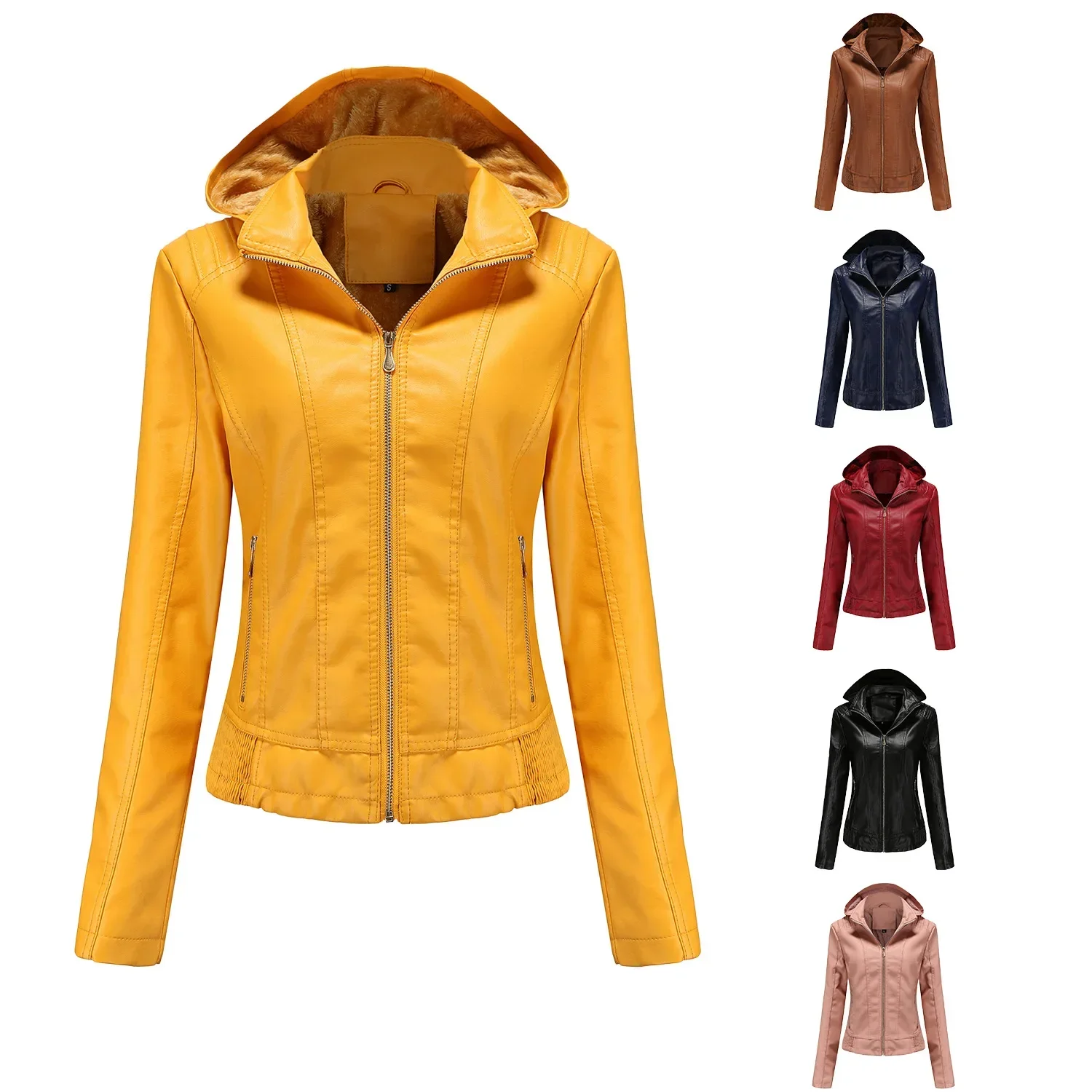 2024 Cappotto da donna in pelle PU con cappuccio autunno inverno Cappello staccabile Giacca in pelle foderata in pile con cerniera a maniche lunghe