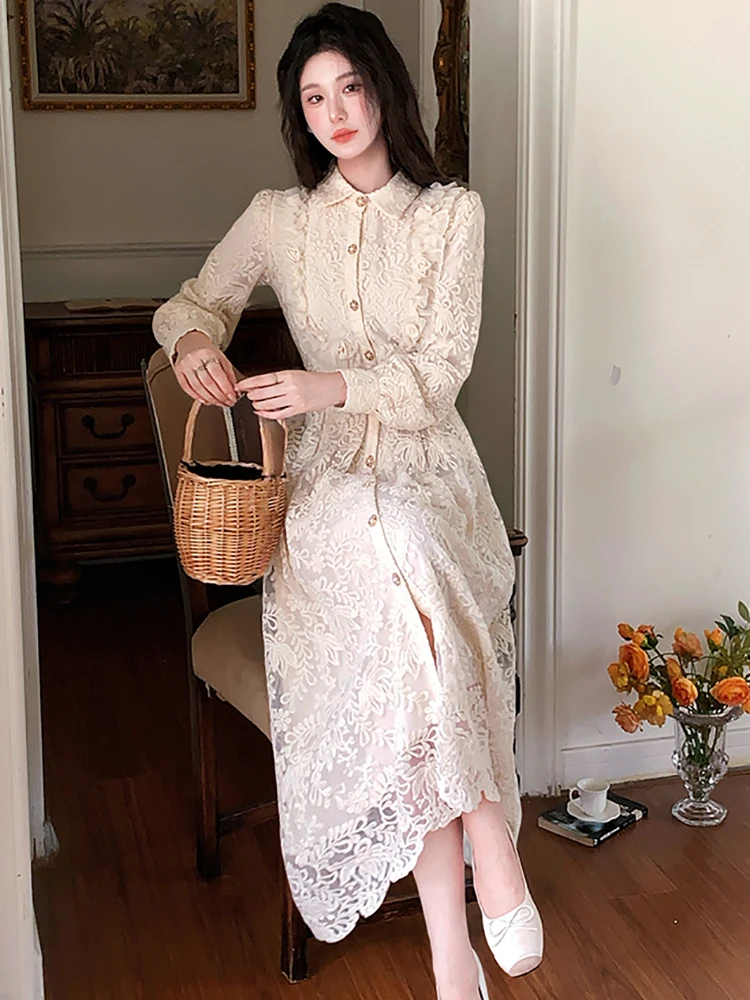 Herbst Spitze Stickerei Langarm Polo Kragen Hemd Kleid Frauen Elegante Verband Kleid 2025, Koreanische Vintage Luxus Abendkleid