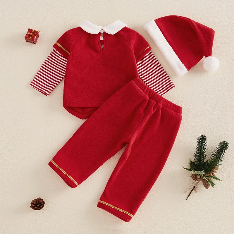 Baby Boys Girl Santa Claus Outfit Fleece Striped Doll Collar Long Sleeve Tops Elastic Waist Pants Hat Kids Christmas Clothes