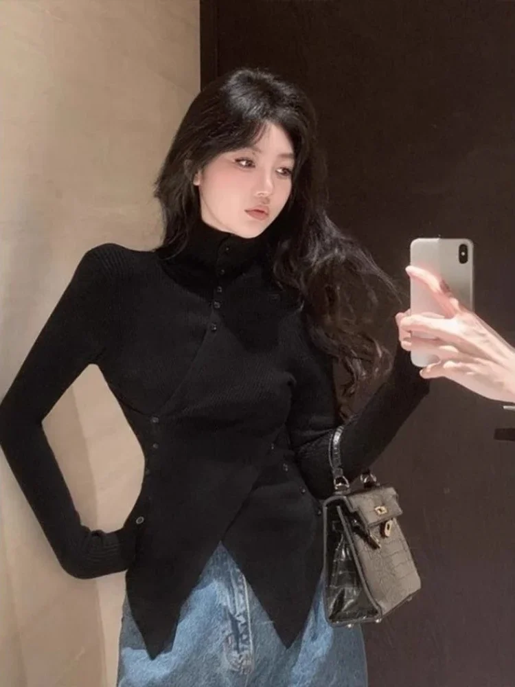 

Harajuku Black Turtleneck Sweaters Y2k Fashion All-match Lazy Bottoming Knitted Pullover Autumn Winter New Slim Fit Top Women