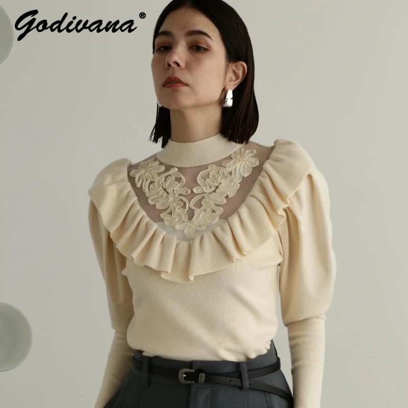 

Japanese Autumn and Winter Elegant Ruffle Puff Sleeve Mesh Stitching Bow Micro Transparent Solid Color Sweater Women Knitted Top