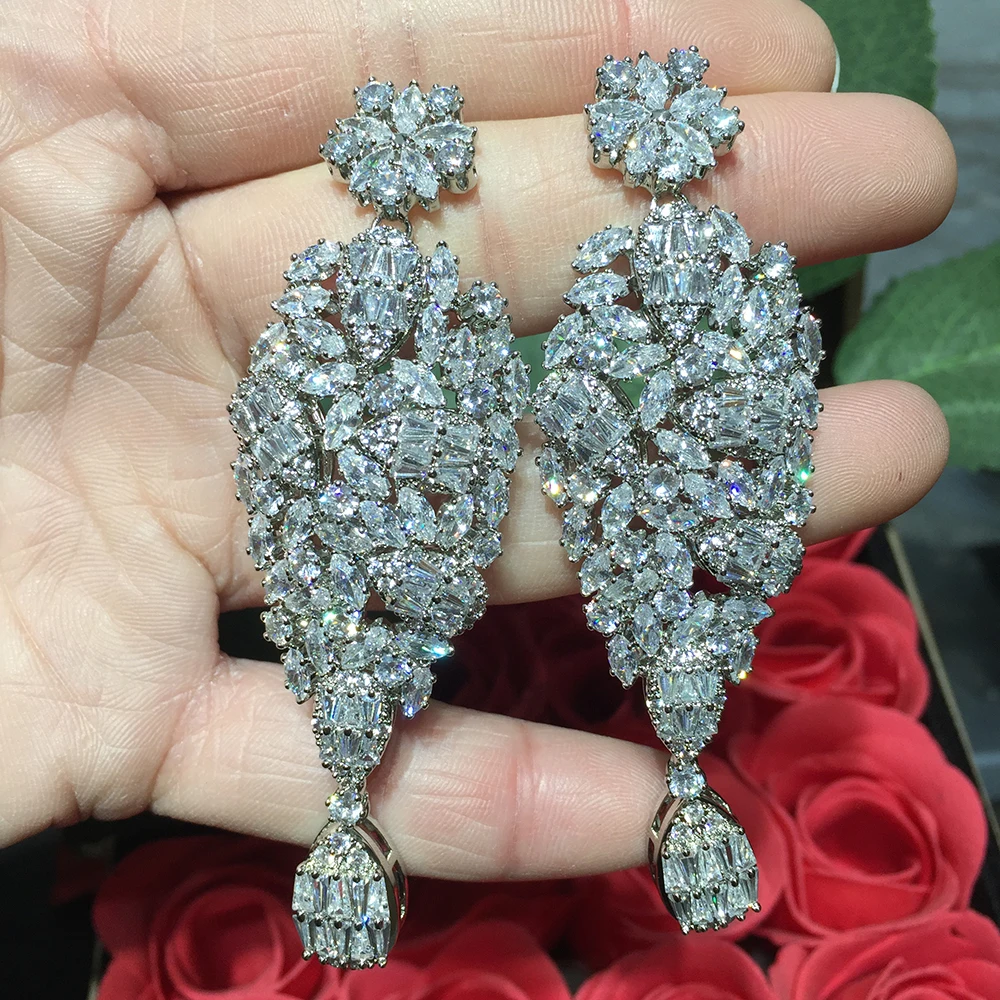 HIBRIDE Luxury Geomatric Cubic Zirconia Big Drop Earrings For Women Wedding Accessories Shinning Bridal Earrings bijoux E-1050