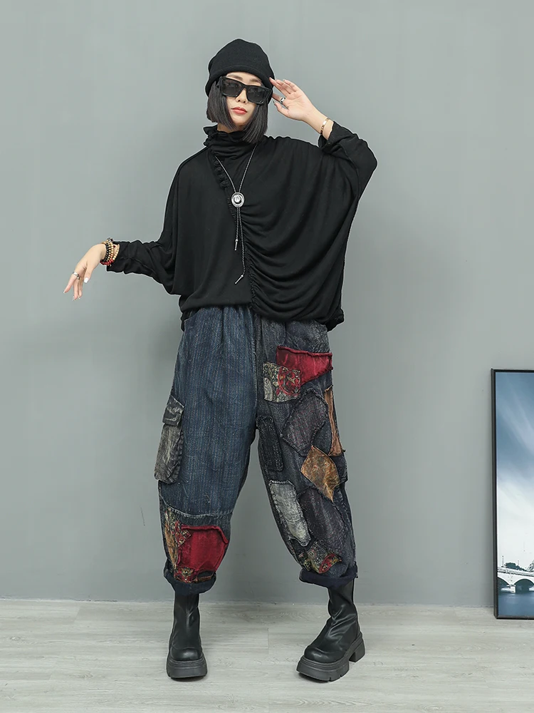 New Woman Spring Retro Distressed Turtleneck Irregular Solid Color Loose Base Shirt Batwing Sleeve Asymmetrical Streetwear Top
