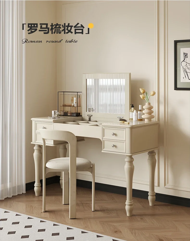

French Retro Cream Style Dressing Table American Master Bedroom Flip Surface with Mirror Integrated Solid Wood Makeup Table