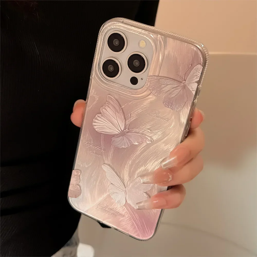 Ins Style Pink Purple Gradient Butterfly Phone Case for IPhone16 15 14 12 13 11 Pro ProMax Plus X XR Shockproof Phone Cover