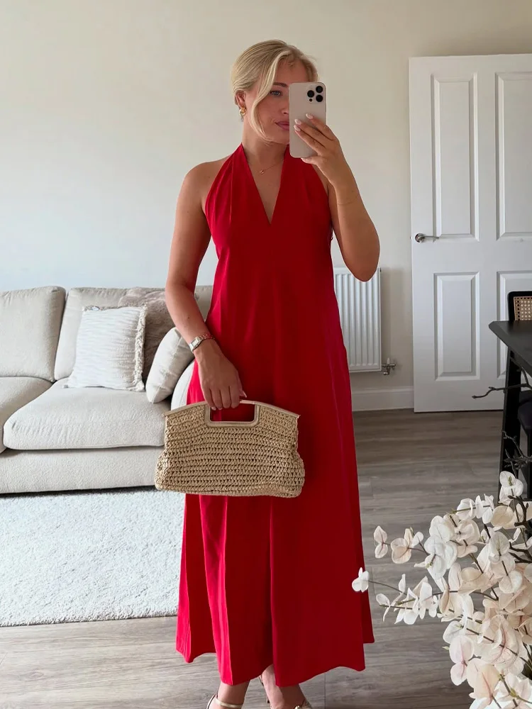 HH Woman Hanging Neck Collar Solid Dresses Women Summer Midi Dress Fashion Pleated Sleeveless Bow Decorate Backless Dress