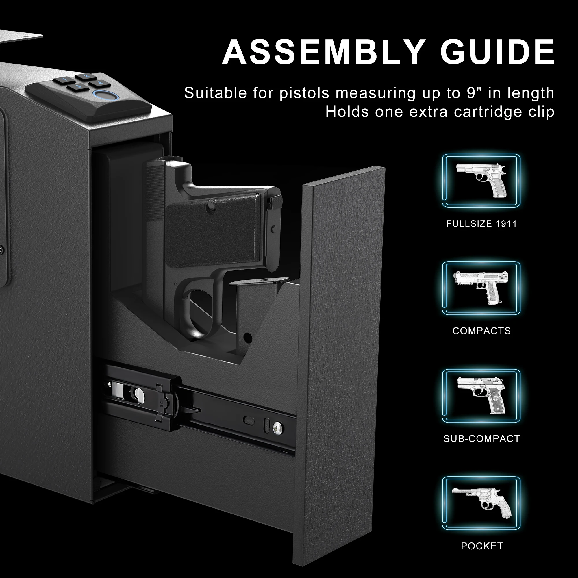 مسدس بيومتري آمن للتركيب، صندوق أمان للبندقية، آمن للوصول السريع مع ضوء LED، صندوق قفل لوحة المفاتيح ببصمة الإصبع