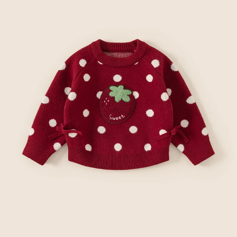 2025 New Winter Christmas Style Children's Dot Thickened Cute Strawberry Pattern Sweater
