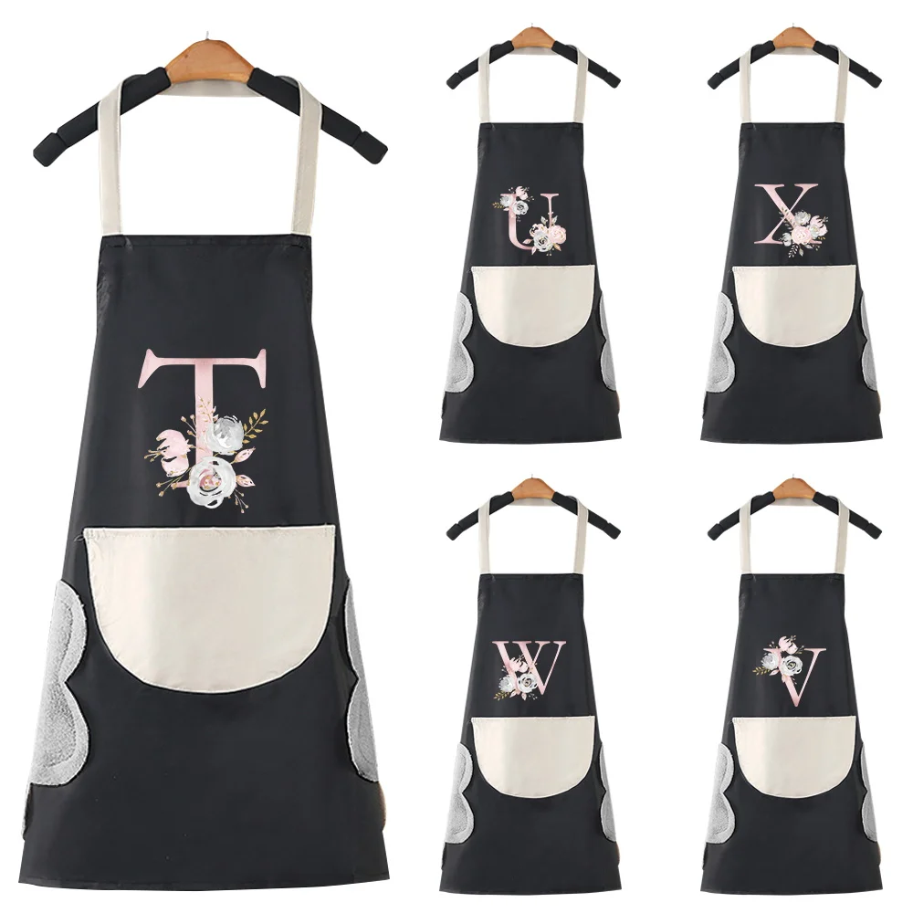 Fashion Kitchen Apron Women Household Cleaning Pinafore Cooking Baking Adult BIb Pink Flower 26 Letter Cafes Studios Uniform