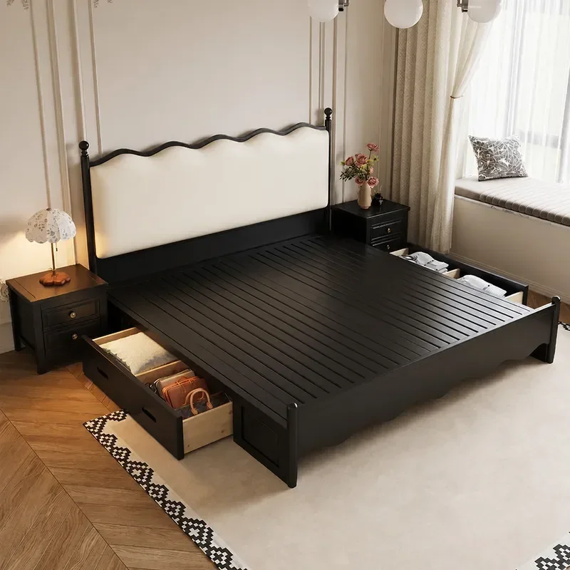 Medieval Style Solid Wood Bed 1.5m Single 1.8m Double Retro Ripple Design Household Bedroom Storage Frame Furniture