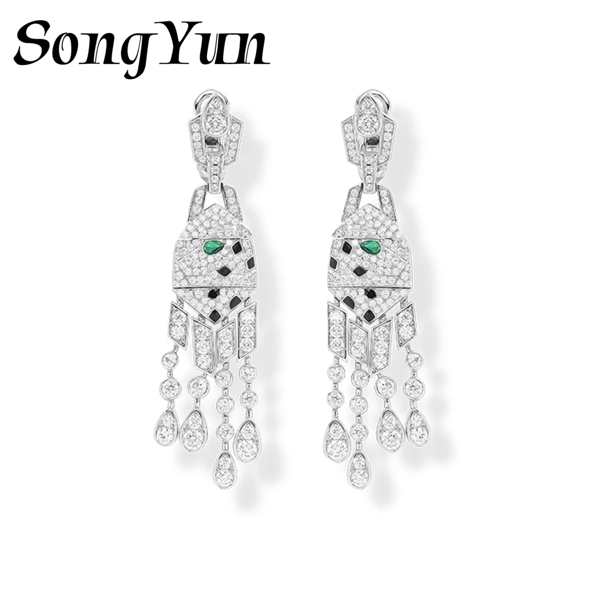 

SY Luxury Jewelry Enamel Leopard Earrings Stud Women 925 Sterling Silver Green Gemstones Tassel Stud Drop Earrings Fine Jewelry
