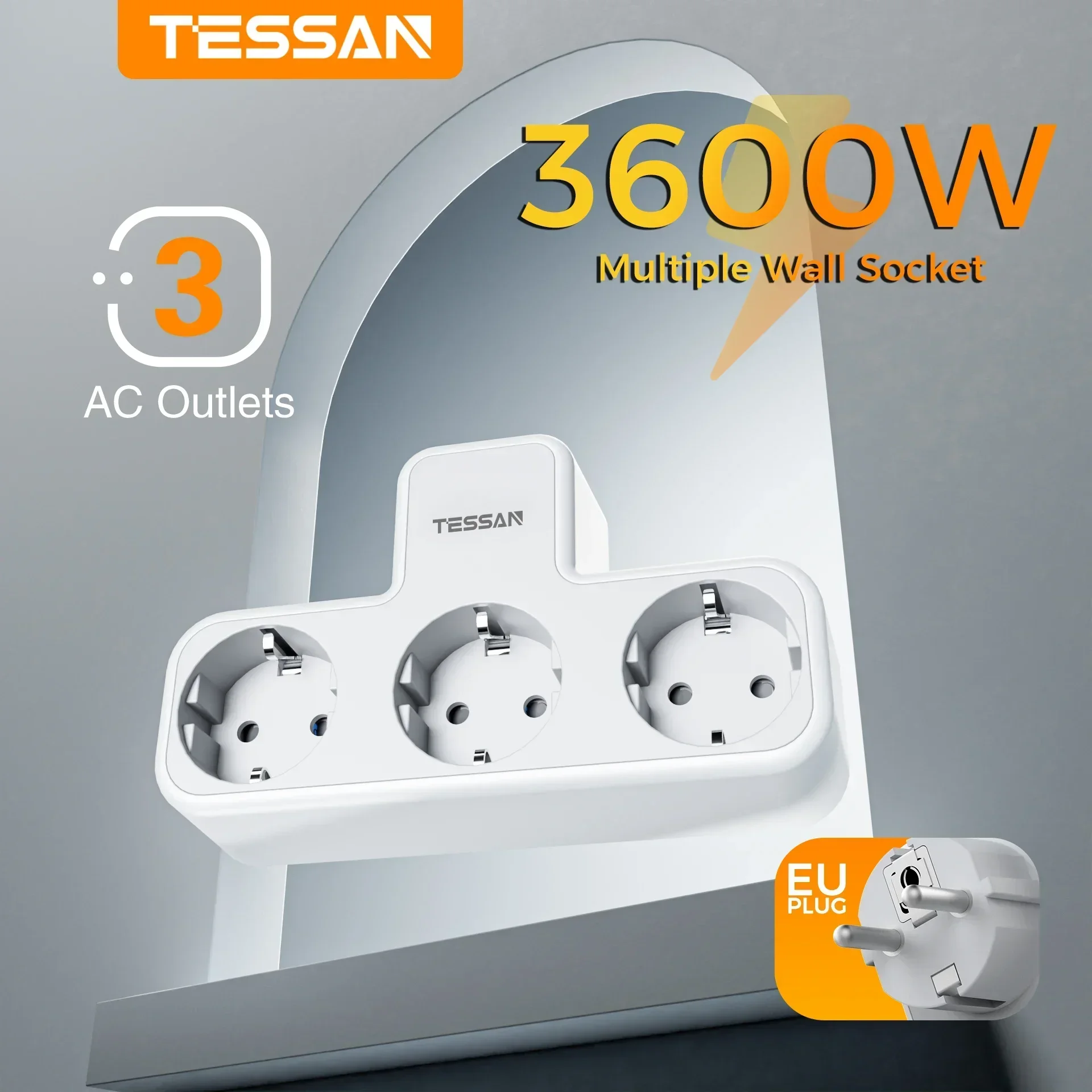 TESSAN Multiple Wall Socket with 3 AC Outlets Charging Ports EU Plug Wall Power Strip with Overload Protection 3fach Stecker Eu