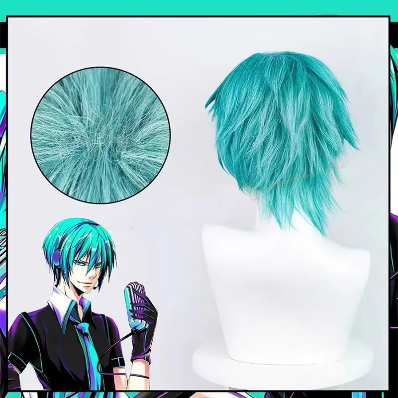 ミクオコスプレウィッグアニメミクハンサムでファッショナブルなブルーショートヘアアクセサリー高温ワイヤーヘア男性用