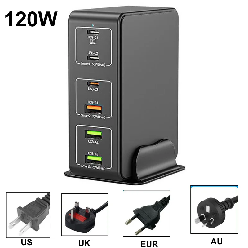 120W 6 Port USB Charging Station provide PD 65W QC4.0+3.0 Type C Super Quick Fast Charging AFC FCP Fast Charging for Phone PC