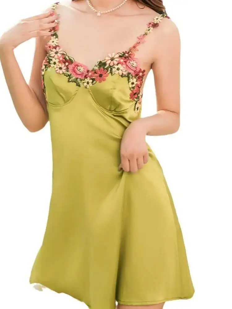 New Dress Sexy Strap Satin Flower Embroidery For Women Summer Pure Desire Style Sleep Wear Dress Charming Pure Desire Dress B9O1